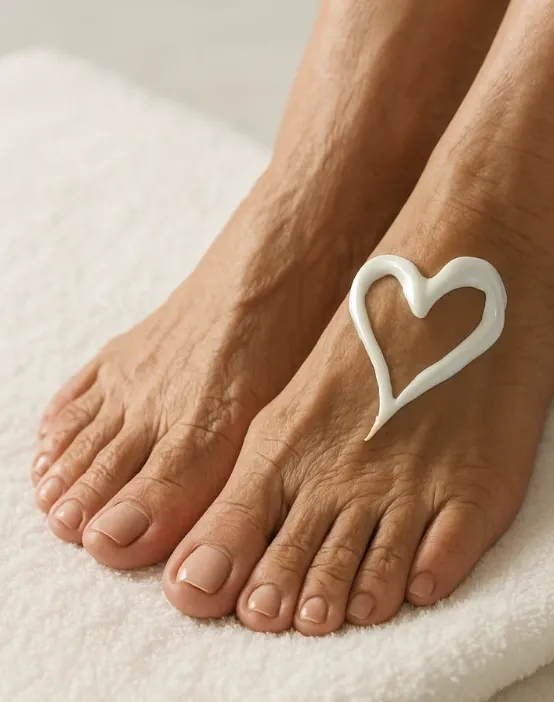 Winter foot care with moisturiser to help prevent dry skin and cracked heels.